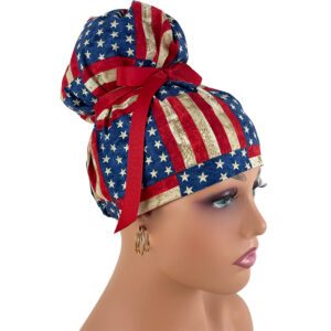 High Bun Ponytail Scrub Caps - America The Beautiful Flag
