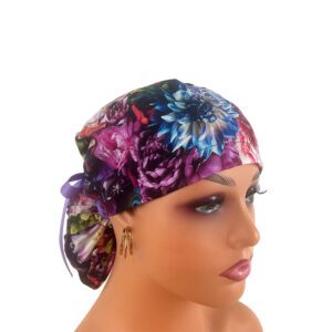 Ponytail Medical Scrub Cap – Proud as a Peacock – Feathers & Flowers