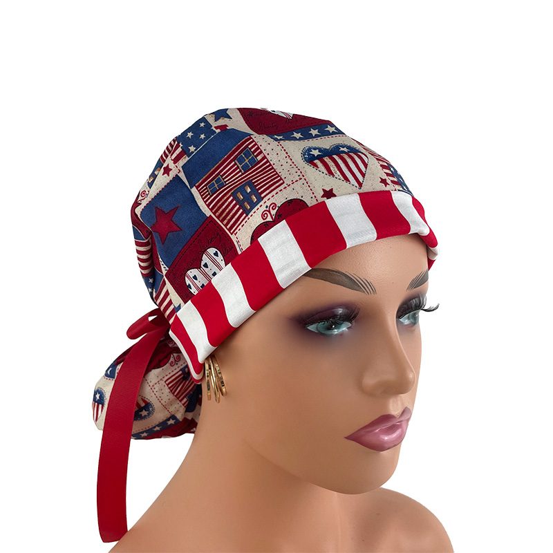 Turn Up Ponytail Medical Scrub Cap – I Love American Flags Patriotic USA