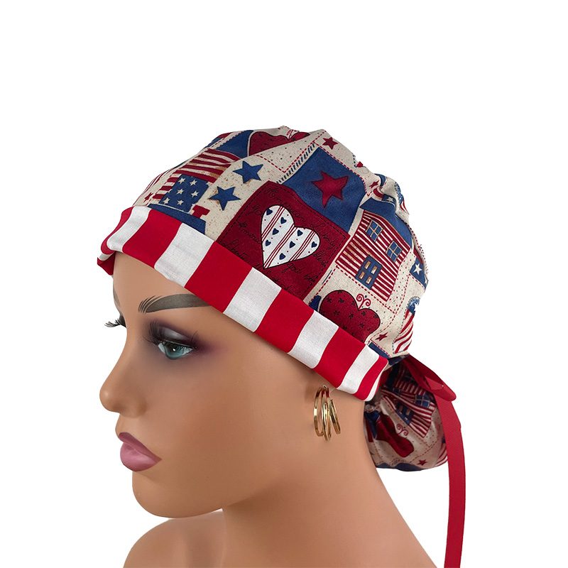 Turn Up Ponytail Medical Scrub Cap – I Love American Flags Patriotic USA - Image 2