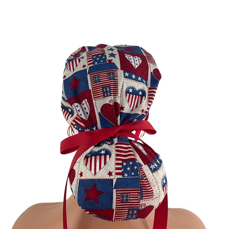Turn Up Ponytail Medical Scrub Cap – I Love American Flags Patriotic USA - Image 5