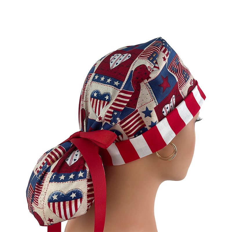 Turn Up Ponytail Medical Scrub Cap – I Love American Flags Patriotic USA - Image 6