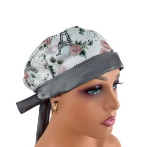 Chemo Medical Scrub Cap (Sateen Lined At Front) - Eiffel Tower/Sateen Gray
