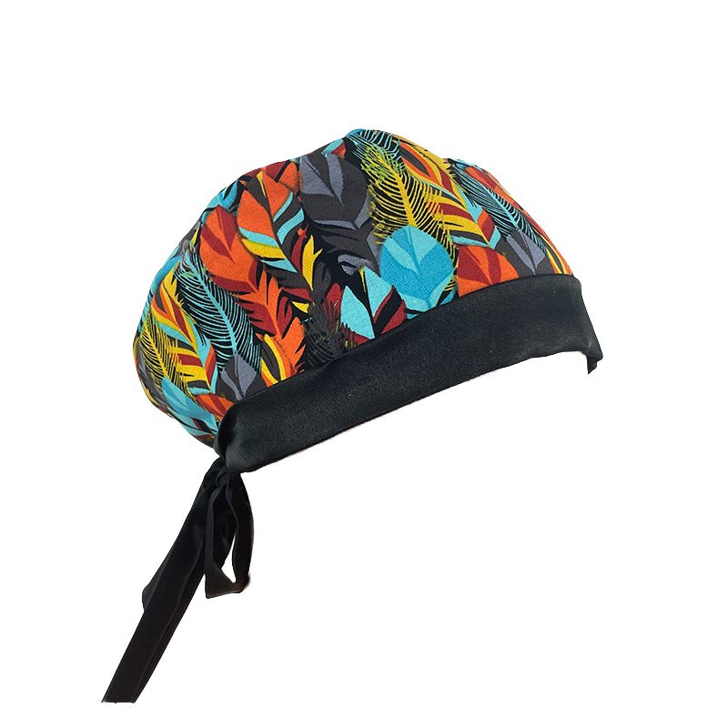 Chemo Medical Scrub Cap (Sateen Lined At Front) - Colorful Feathers - Black Sateen - Image 8