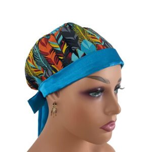Chemo Medical Scrub Cap (Sateen Lined At Front) - Colorful Feathers - Turquoise Sateen