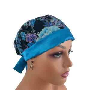Chemo Medical Scrub Cap (Sateen Lined At Front) - Midnight Flowers Turquoise Sateen
