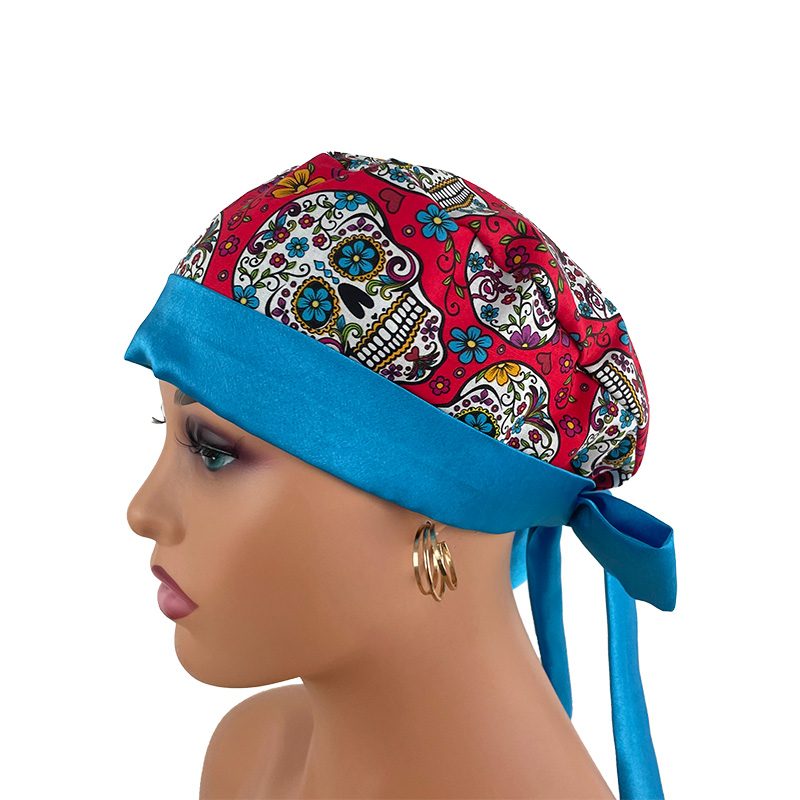 Chemo Medical Scrub Cap (Sateen Lined At Front) - Skulls and Cravens Turquoise Sateen - Image 3