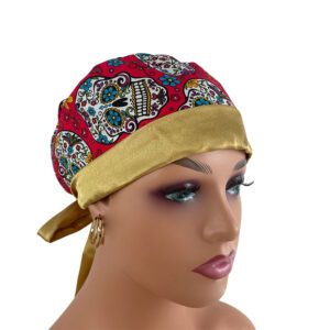Chemo Medical Scrub Cap (Sateen Lined At Front) - Folkloric Sugar Skulls - Gold Sateen