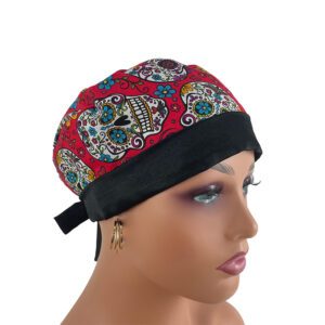 Chemo Medical Scrub Cap (Sateen Lined At Front) - Folkloric Sugar Skulls - Black Sateen