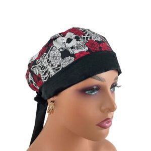 Chemo Medical Scrub Cap (Sateen Lined At Front) - Skulls and Cravens Black Sateen