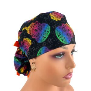 Ponytail Medical Scrub Cap – Rainbow Skulls