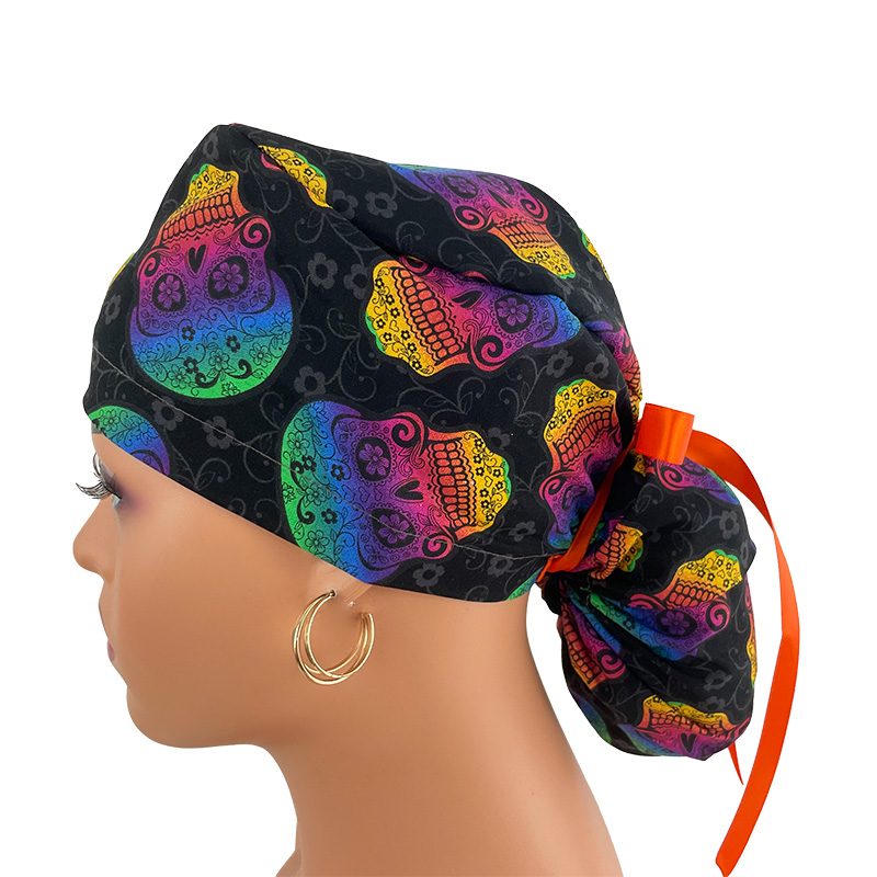 Ponytail Medical Scrub Cap – Rainbow Skulls - Image 3