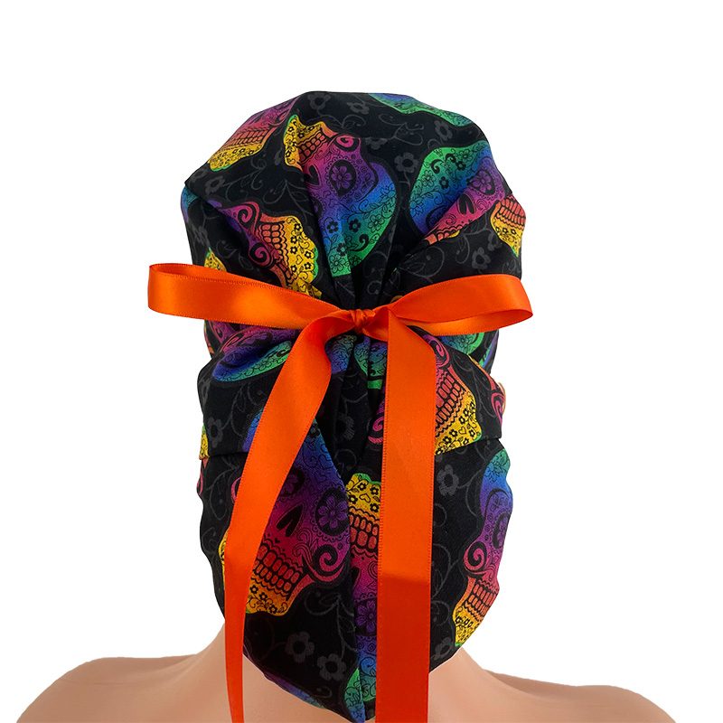 Ponytail Medical Scrub Cap – Rainbow Skulls - Image 4