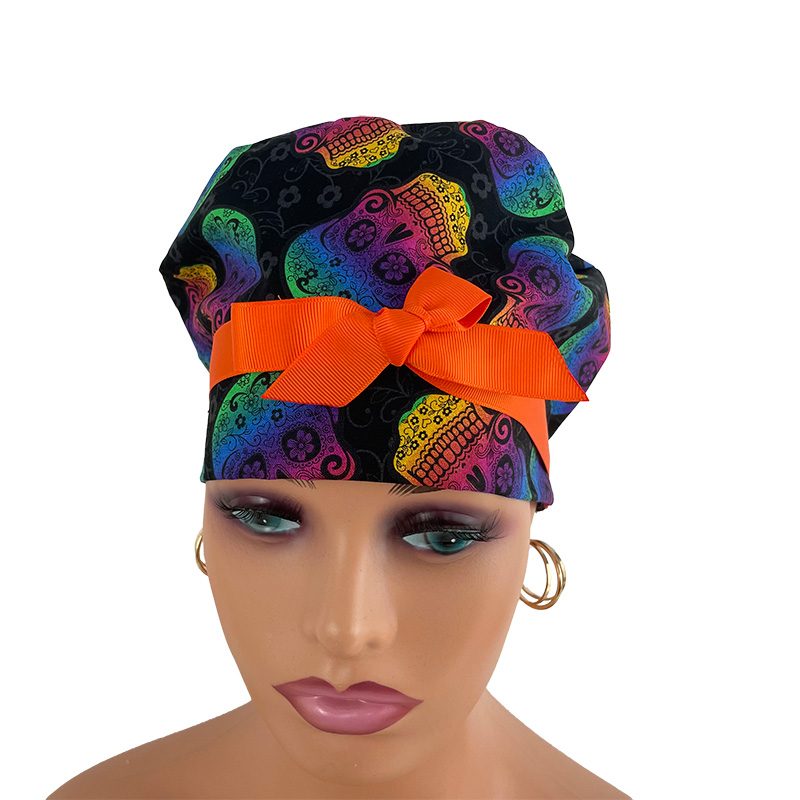 European Style Scrub Cap - Ribbon/Grosgrain Ribbon – Skulls Rainbow - Image 2