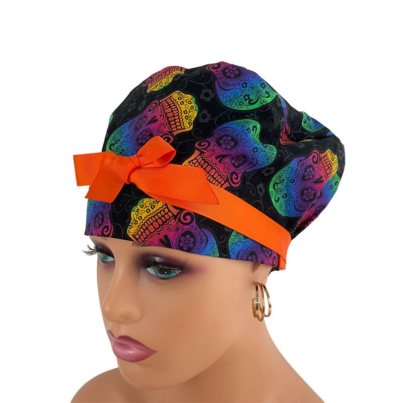 European Style Scrub Cap - Ribbon/Grosgrain Ribbon – Skulls Rainbow - Image 3