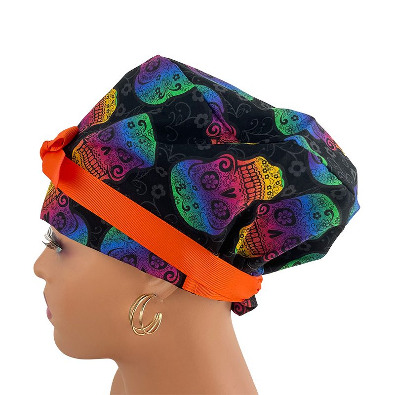 European Style Scrub Cap - Ribbon/Grosgrain Ribbon – Skulls Rainbow - Image 4