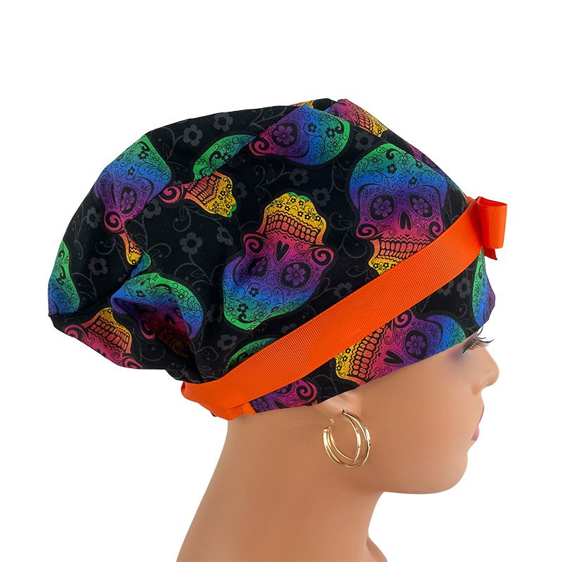 European Style Scrub Cap - Ribbon/Grosgrain Ribbon – Skulls Rainbow - Image 6