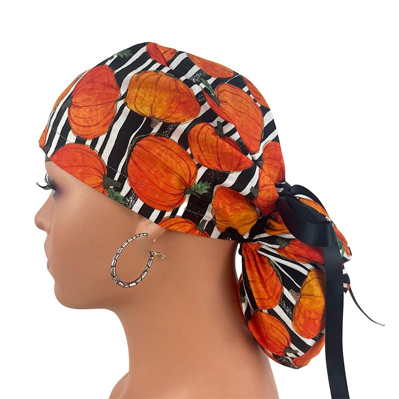 Ponytail Medical Scrub Cap – Autumn Elegance - Pumpkin Arrangements - Image 5