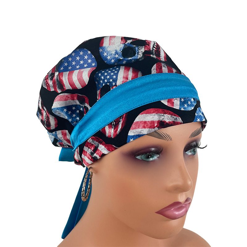 European Style Scrub Cap/Sateen Ribbon -Skull and Flag