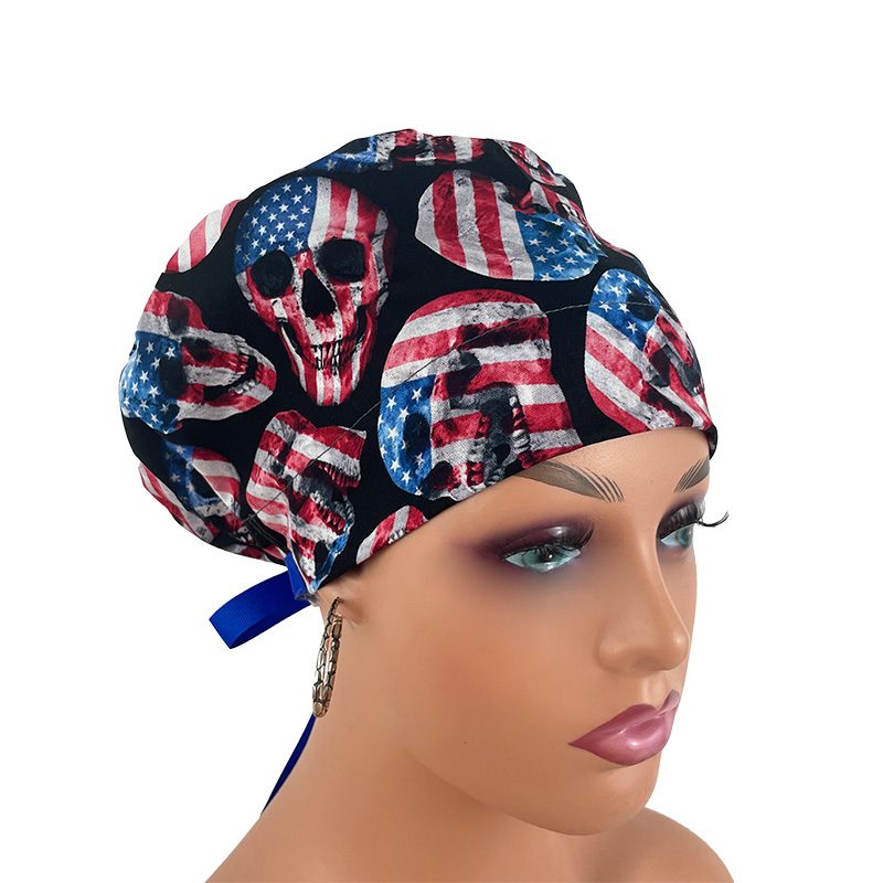 European Style Scrub Cap/Grosgrain Ribbon -Skull and Flag