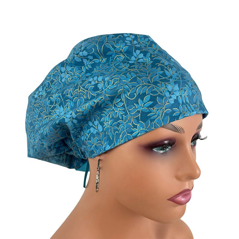 High Bun Ponytail Scrub Caps - Golden Leaves Blue - Image 12