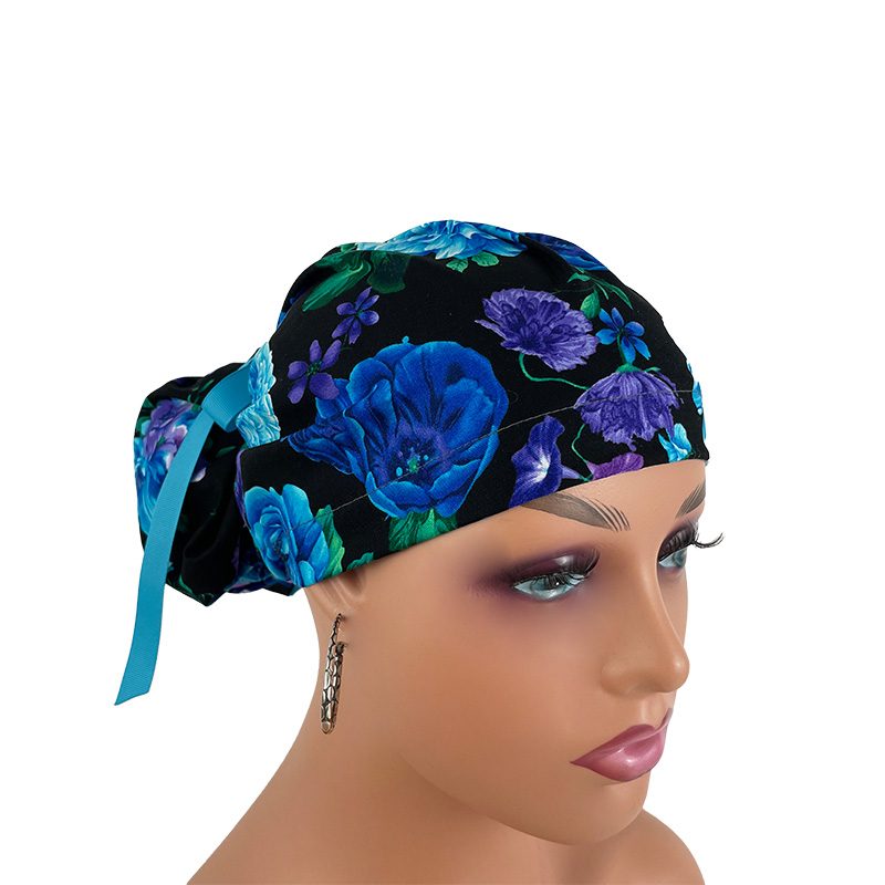 High Bun Ponytail Scrub Caps - Poppy Flowers-Fantastic Blue - Image 6
