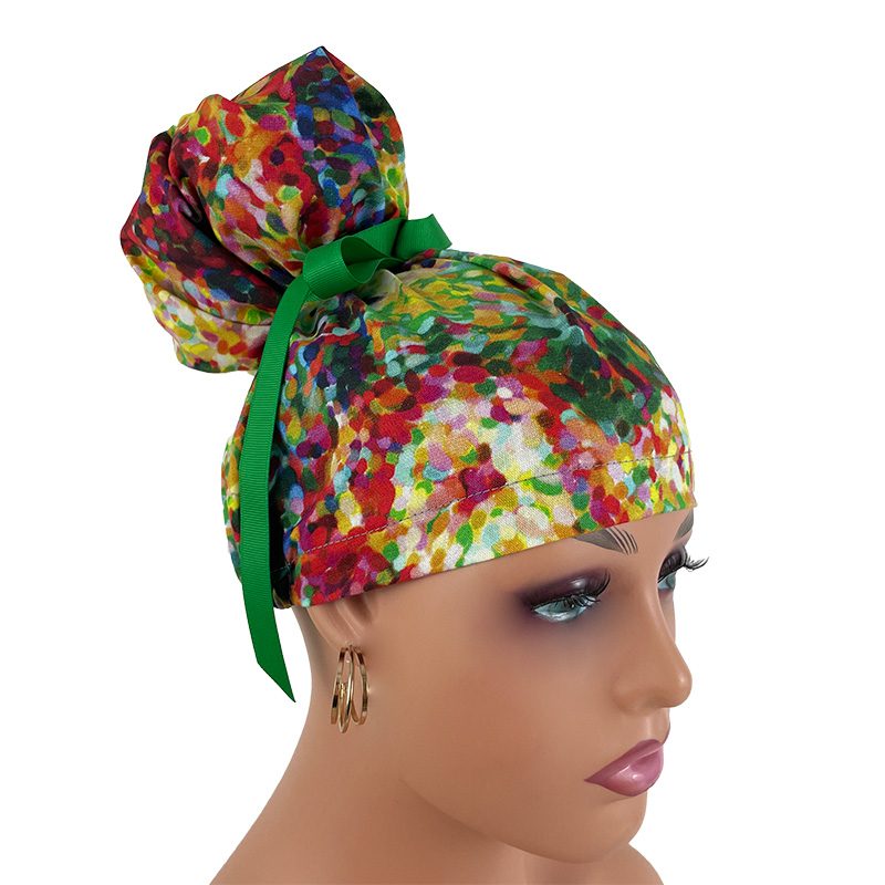 High Bun Ponytail Scrub Caps - Impressionist Floral in Multi