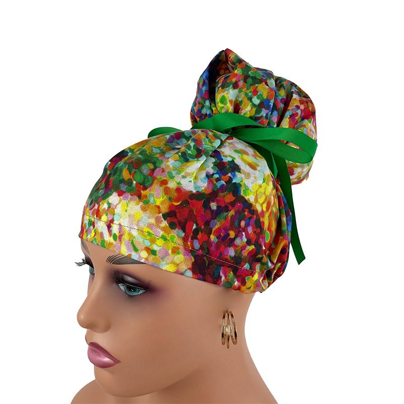 High Bun Ponytail Scrub Caps - Impressionist Floral in Multi - Image 2