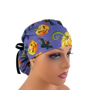 Ponytail Medical Scrub Cap – Halloween/Bats and Pumpkins