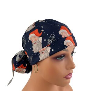 Turn Up Ponytail Medical Scrub Cap - Santa in Navy Metallic