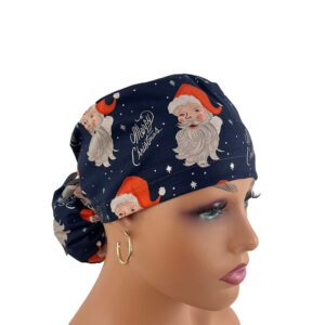 Ponytail Medical Scrub Cap – Santa in Navy Metallic