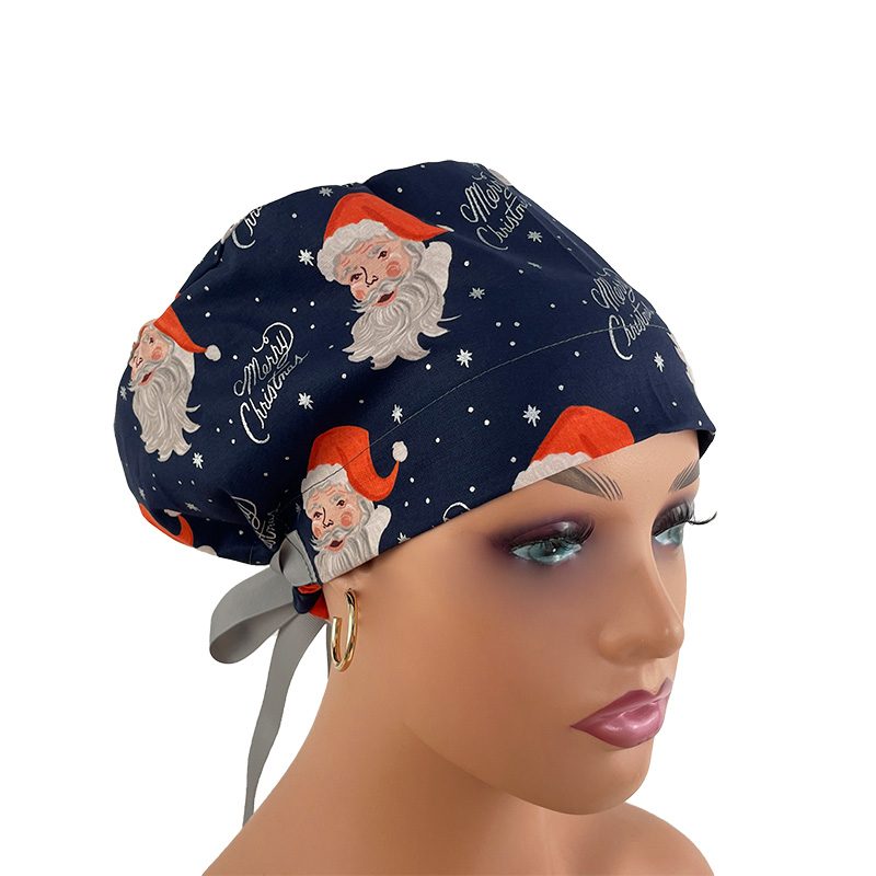 European Style Scrub Cap (Grosgrain Ribbon) - Santa in Navy Metallic - Image 7