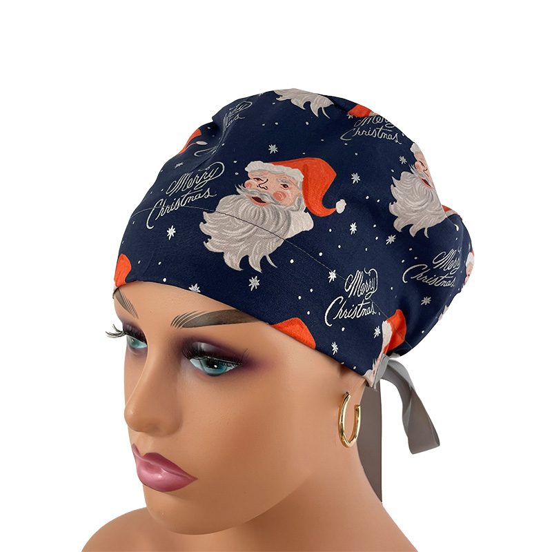 European Style Scrub Cap (Grosgrain Ribbon) - Santa in Navy Metallic - Image 9