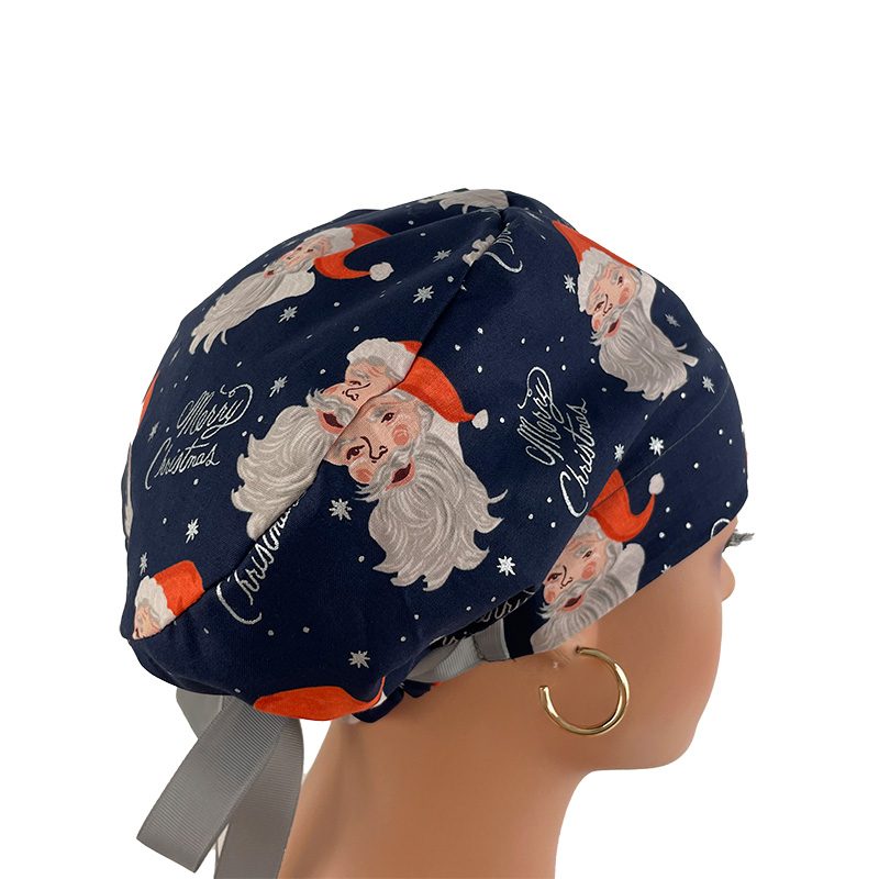 European Style Scrub Cap (Grosgrain Ribbon) - Santa in Navy Metallic - Image 12