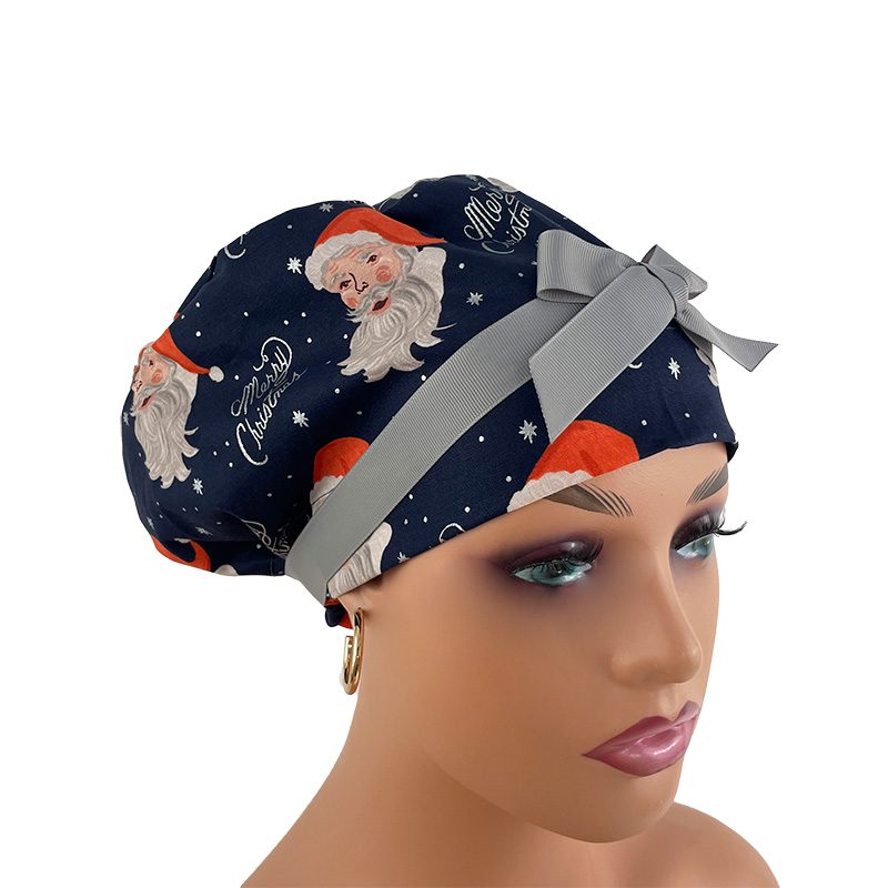 European Style Scrub Cap (Grosgrain Ribbon) - Santa in Navy Metallic
