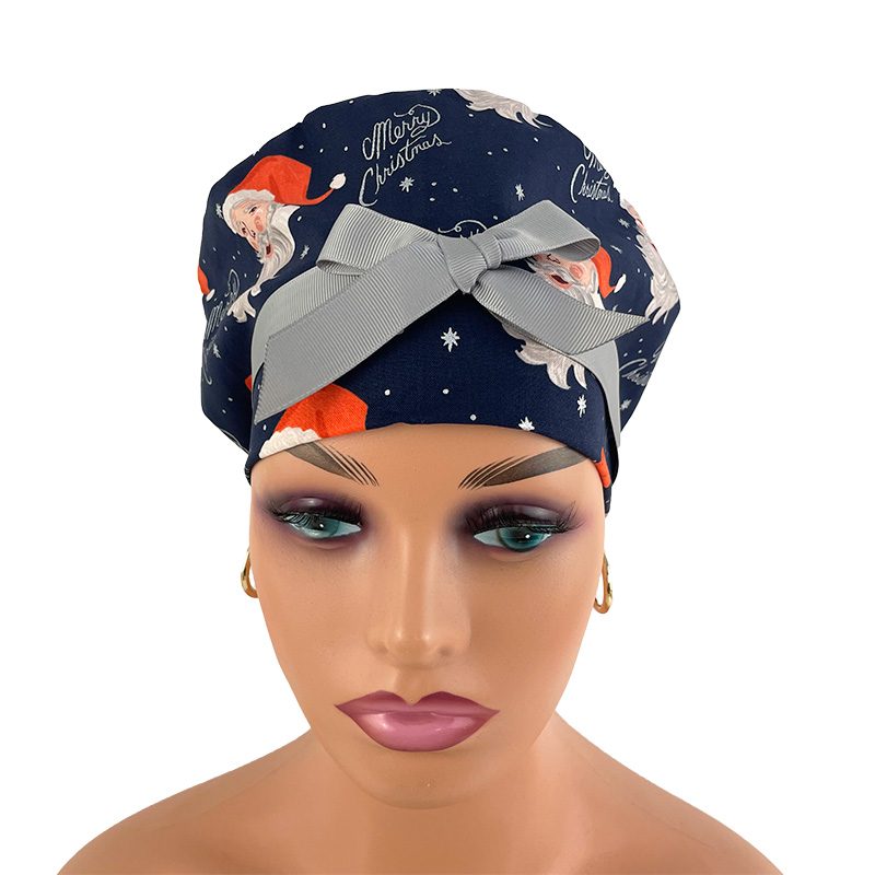European Style Scrub Cap (Grosgrain Ribbon) - Santa in Navy Metallic - Image 2