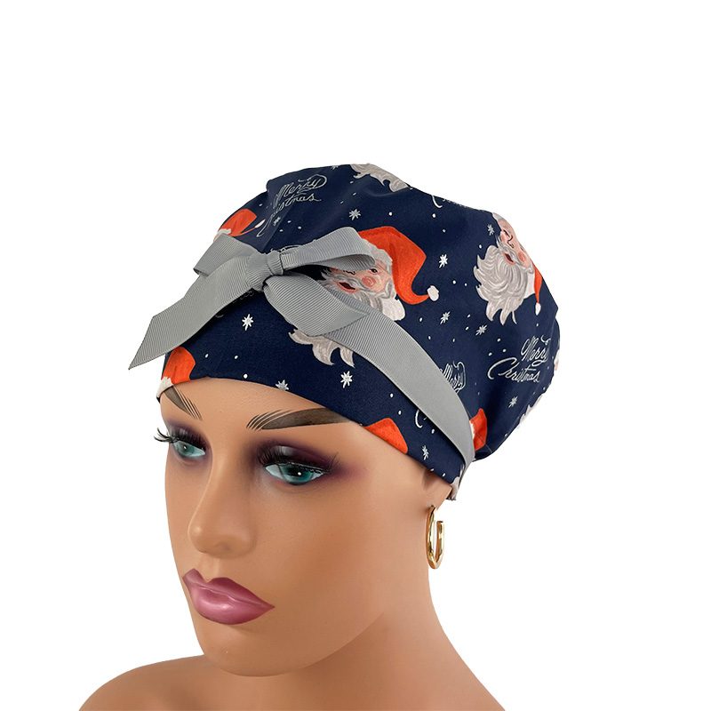 European Style Scrub Cap (Grosgrain Ribbon) - Santa in Navy Metallic - Image 3