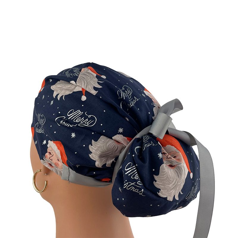 European Style Scrub Cap (Grosgrain Ribbon) - Santa in Navy Metallic - Image 4