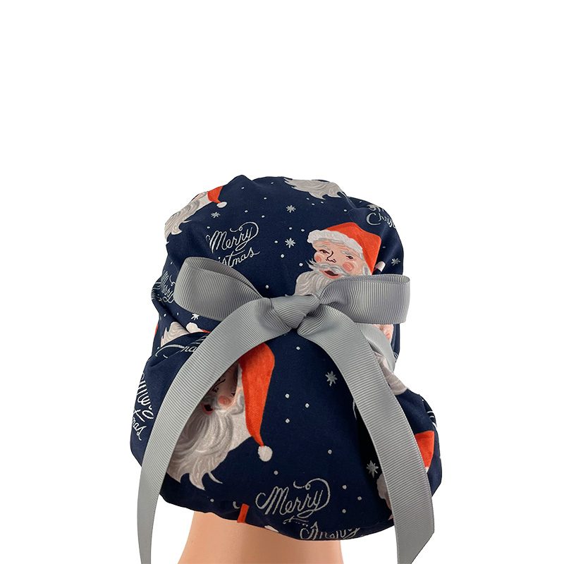 European Style Scrub Cap (Grosgrain Ribbon) - Santa in Navy Metallic - Image 5