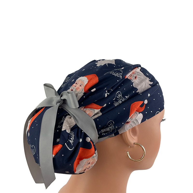 European Style Scrub Cap (Grosgrain Ribbon) - Santa in Navy Metallic - Image 6