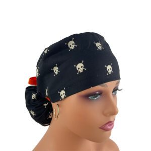 Ponytail Medical Scrub Cap – Boo! Skull & Bones Black