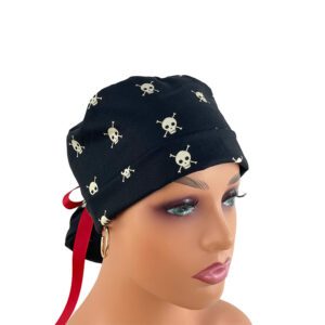 Turn Up Ponytail Medical Scrub Cap - Boo! Skull & Bones Black