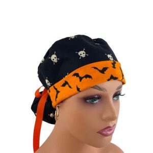 Turn Up Ponytail Medical Scrub Cap - Boo! Skull & Bones Black/Bats