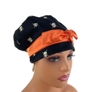 European Style Scrub Cap -Sateen Ribbon - Boo! Skull & Bones Black