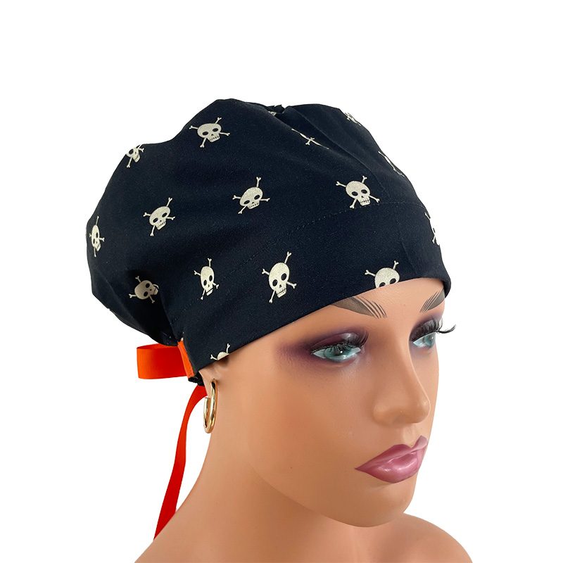 European Style Scrub Cap (Grosgrain Ribbon) - Boo! Skull/Bones - Black