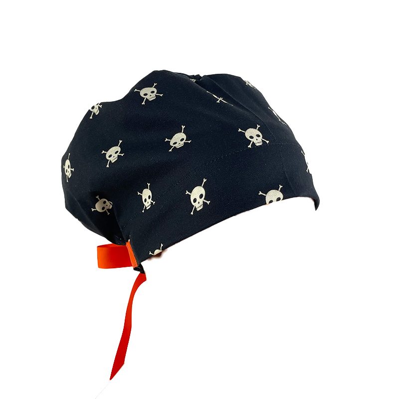 European Style Scrub Cap (Grosgrain Ribbon) - Boo! Skull/Bones - Black - Image 8