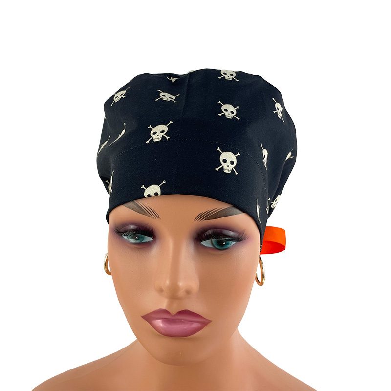 European Style Scrub Cap (Grosgrain Ribbon) - Boo! Skull/Bones - Black - Image 2