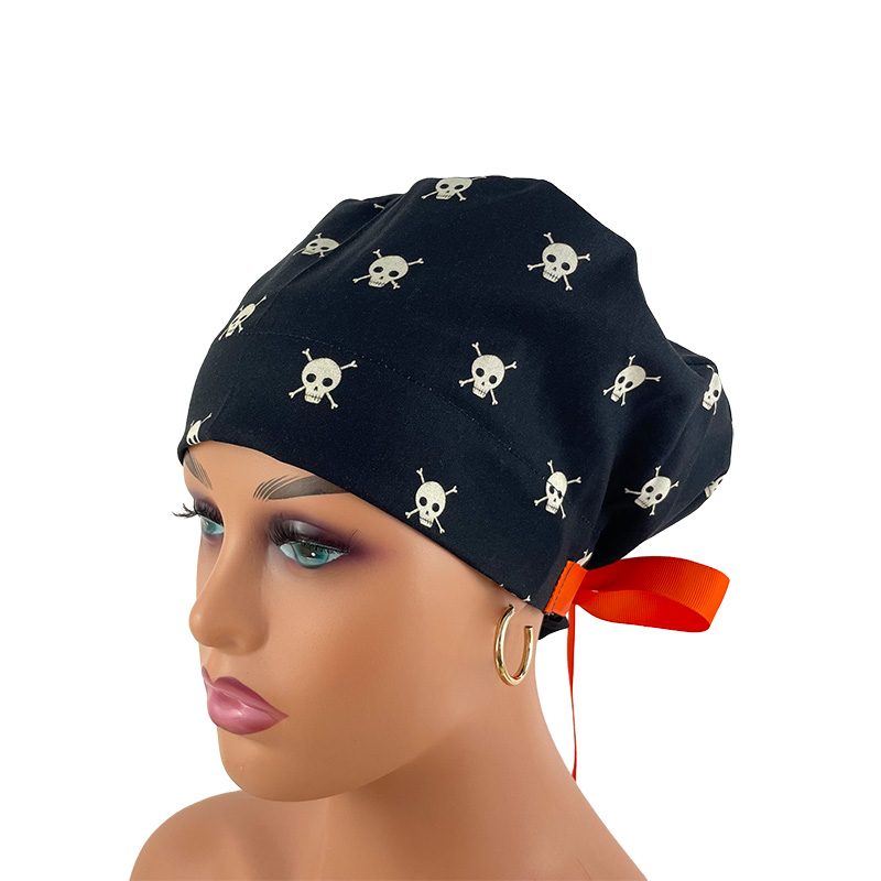 European Style Scrub Cap (Grosgrain Ribbon) - Boo! Skull/Bones - Black - Image 3