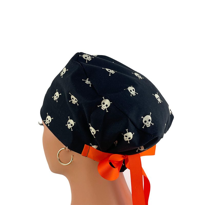 European Style Scrub Cap (Grosgrain Ribbon) - Boo! Skull/Bones - Black - Image 4