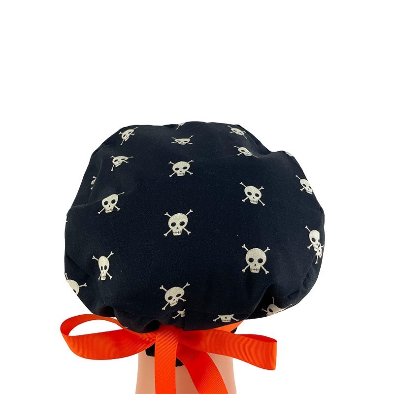 European Style Scrub Cap (Grosgrain Ribbon) - Boo! Skull/Bones - Black - Image 5